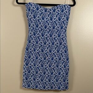 O’sher Blue and White Lace-Pattern Strapless Dress